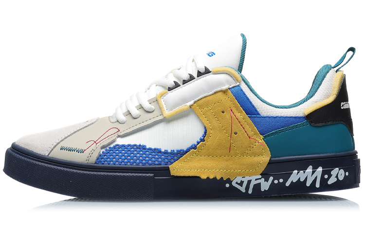 LiNing CF Structure Sequence Anti Slip Wear Resistant Low Top Skateboard Shoes Men's White Blue Yellow