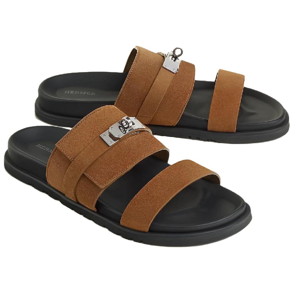 HERMES Slide Slippers Men Smoke Brown