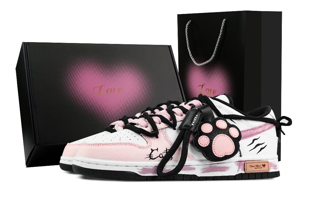Nike Dunk Cat Paw Journal Heart Box Abrasion Resistant Low Top Skateboard Shoes Unisex Pink White