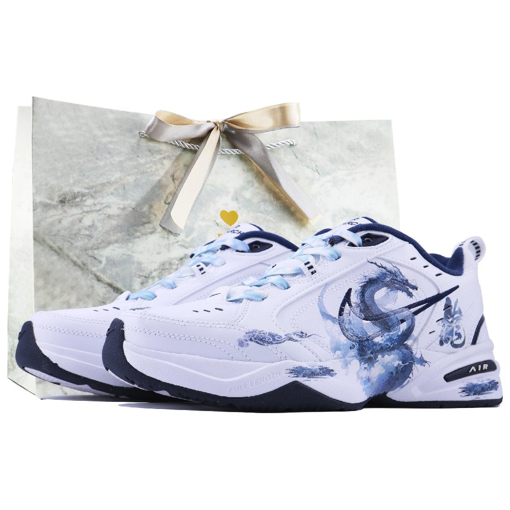 Nike Air Monarch 4 Anti-Slip And Wear-Resistant Height Increasing Low-Top Chunky Sneakers Unisex White Blue