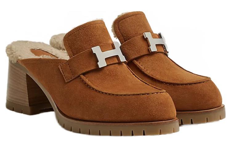 HERMES Abrasion Resistant Closed Toe Slippers 6cm Women's Brown