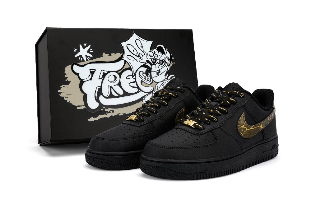 Nike Air Force 1 Low Top Skateboard Shoes Unisex, Black Gold