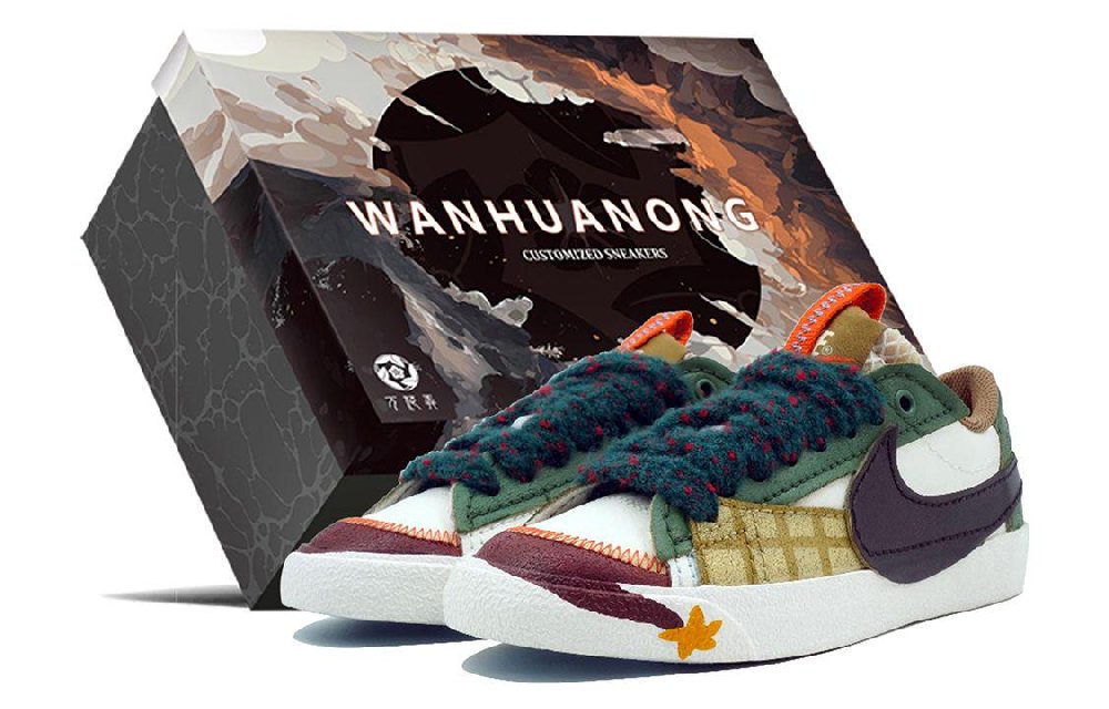 Nike Blazer Low Myriad Flowers, Stars, Shopping Bag Anti Slip Wear Resistant Low Top Skateboard Shoes Women's Beige