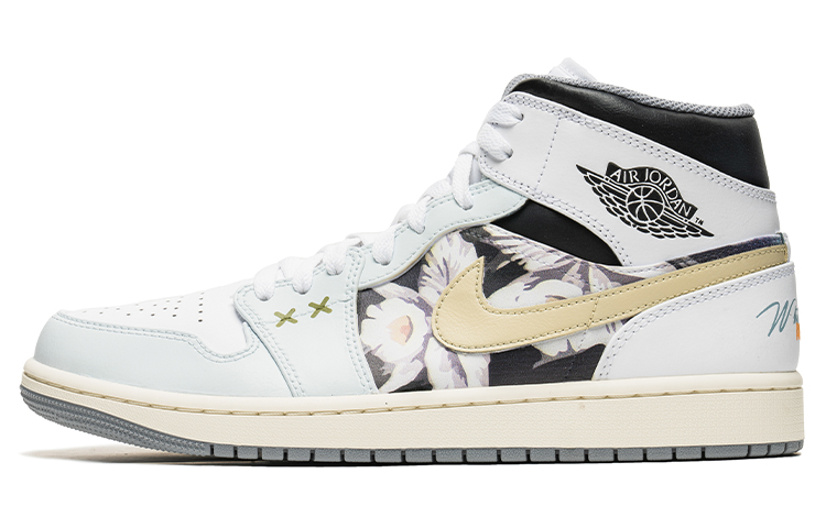 Jordan Air Jordan 1 Mid Floral Collection Anti-Slip Wear-Resistant Mid-Top Vintage Basketball Shoes Men's Gray White
