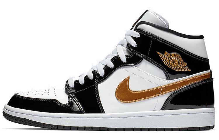 Jordan 1 Mid Patent Black White Gold 2019