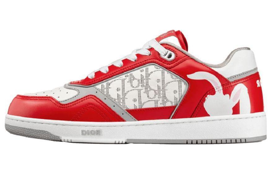 DIOR B27 Low Erl Red And White Smooth Calfskin And White DIOR Oblique Galaxy Leather With Rabbit Motif