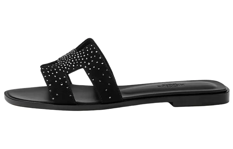 HERMES Oran Sandal Rhinestone Noir Suede Goatskin
