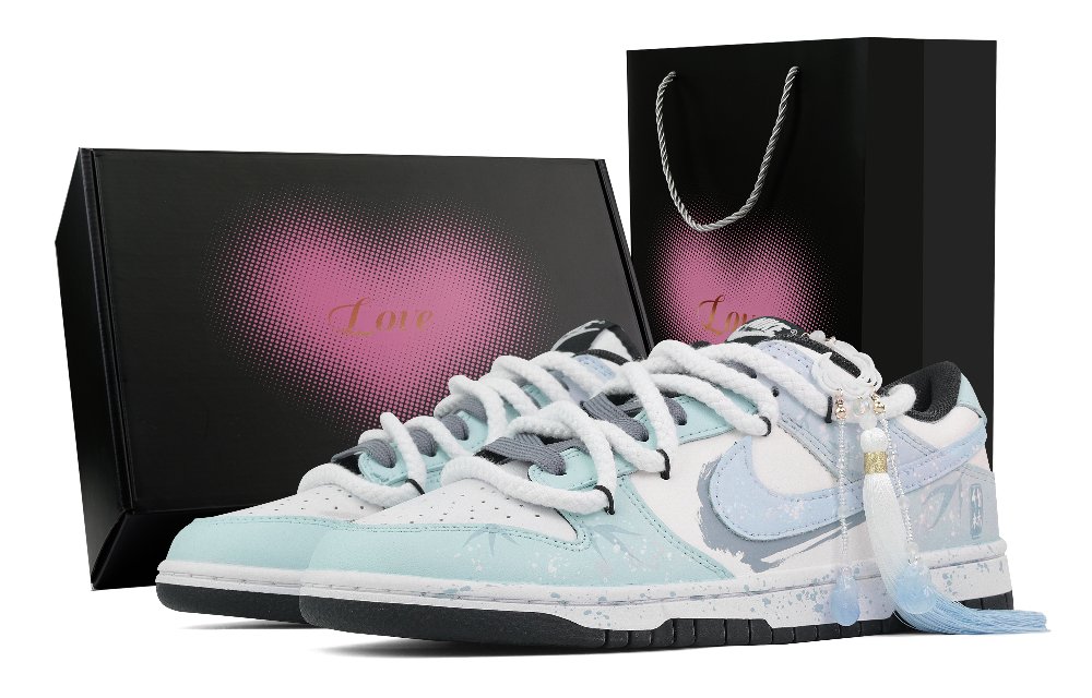 Nike Dunk Bamboo Forest, Heart Box Abrasion Resistant Low Top Skateboard Shoes Unisex Blue White