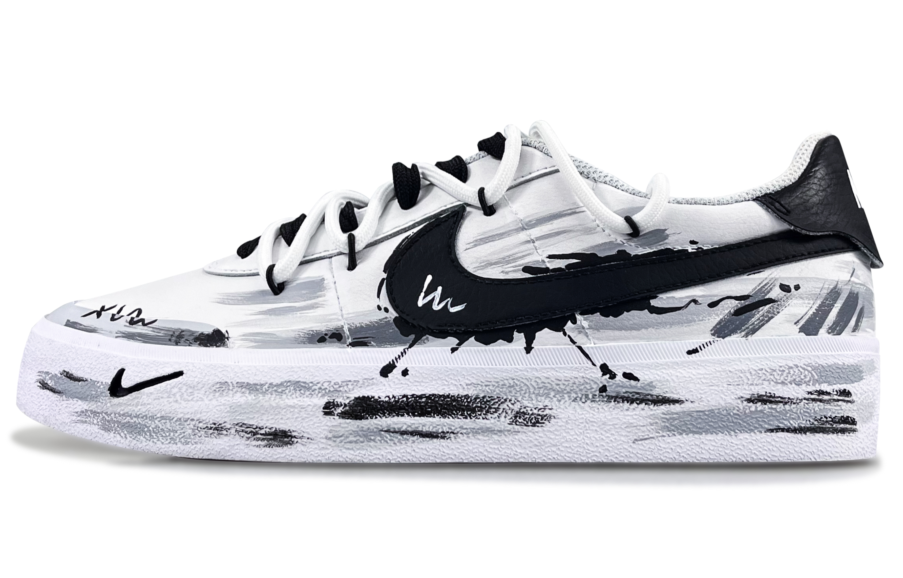 Nike Court Shot Ink Splatter Impression Abrasion Resistant Low top Skateboard Shoes Men's Black White