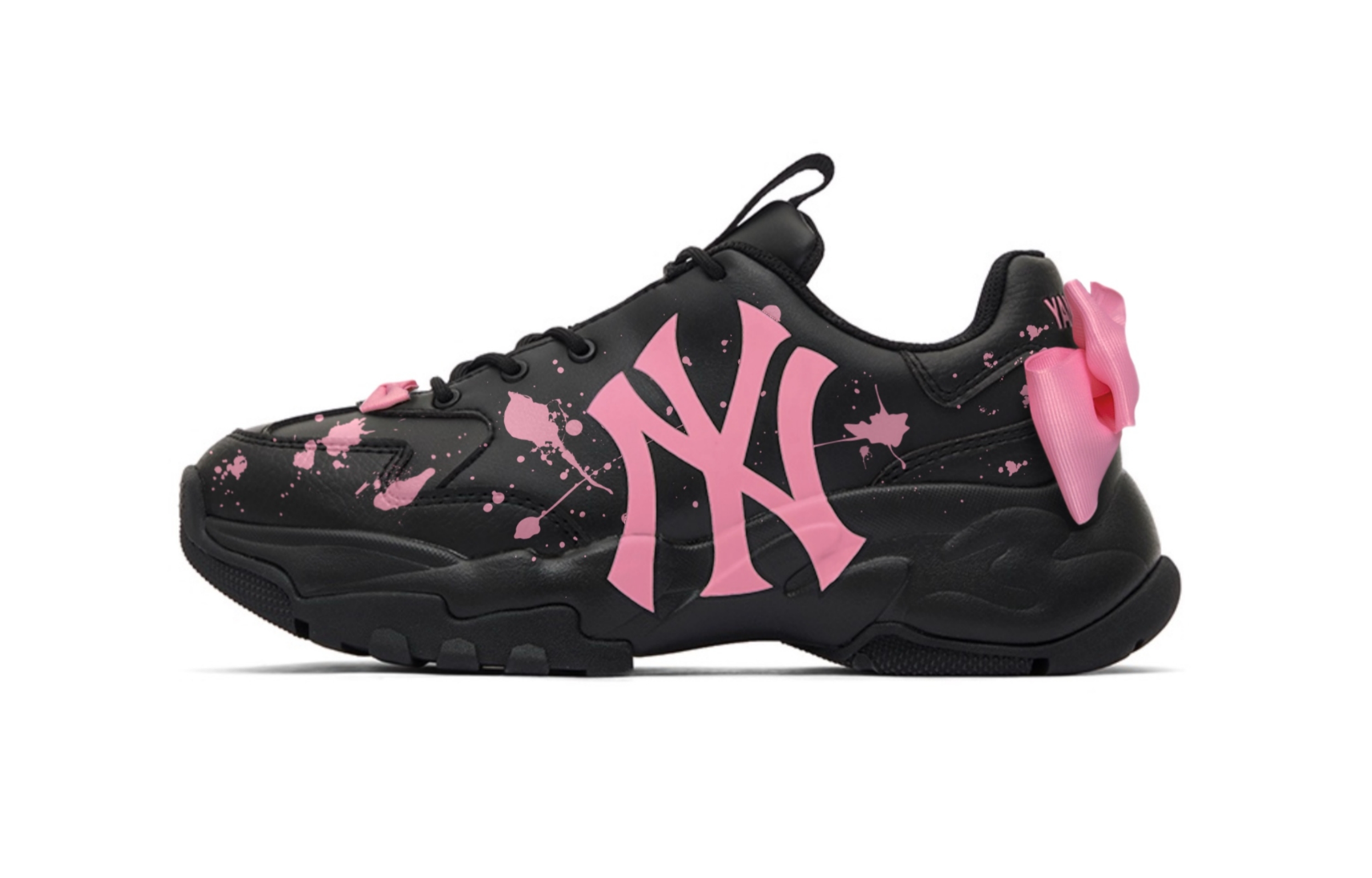 MLB Big Ball Chunky Sweetheart Mary, Ink Splatter Abrasion Resistant Low top Chunky Sneakers Unisex Black Pink