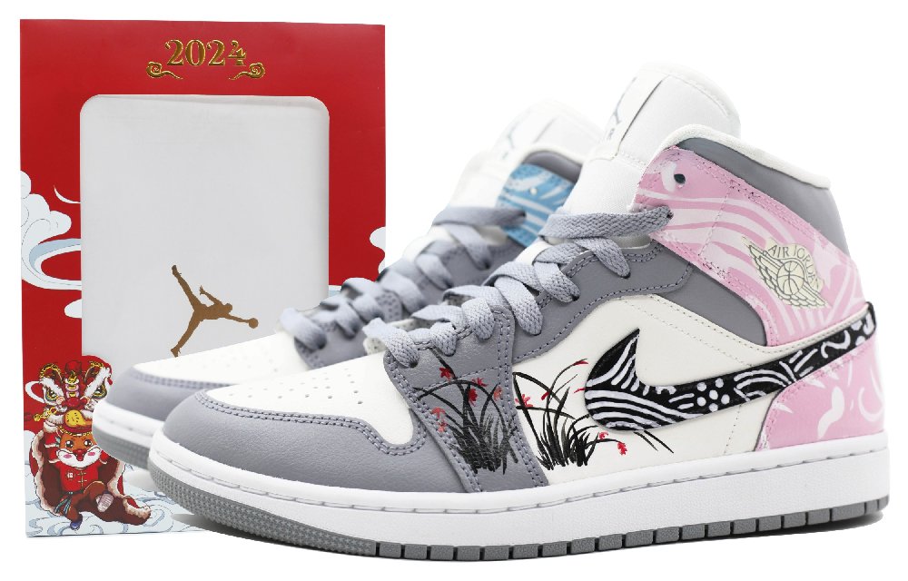 Jordan Air Jordan 1 Holiday Limited Edition Mid-Top Vintage Basketball Shoes Women's Gray White