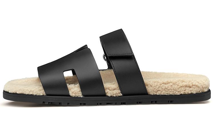 HERMES Chypre Sandal Noir Leather Woolskin M