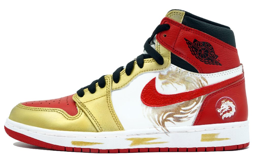 Jordan Air Jordan 1 Myriad Flowers Entwined, Golden Dragon High Top Vintage Basketball Shoes Unisex White Red