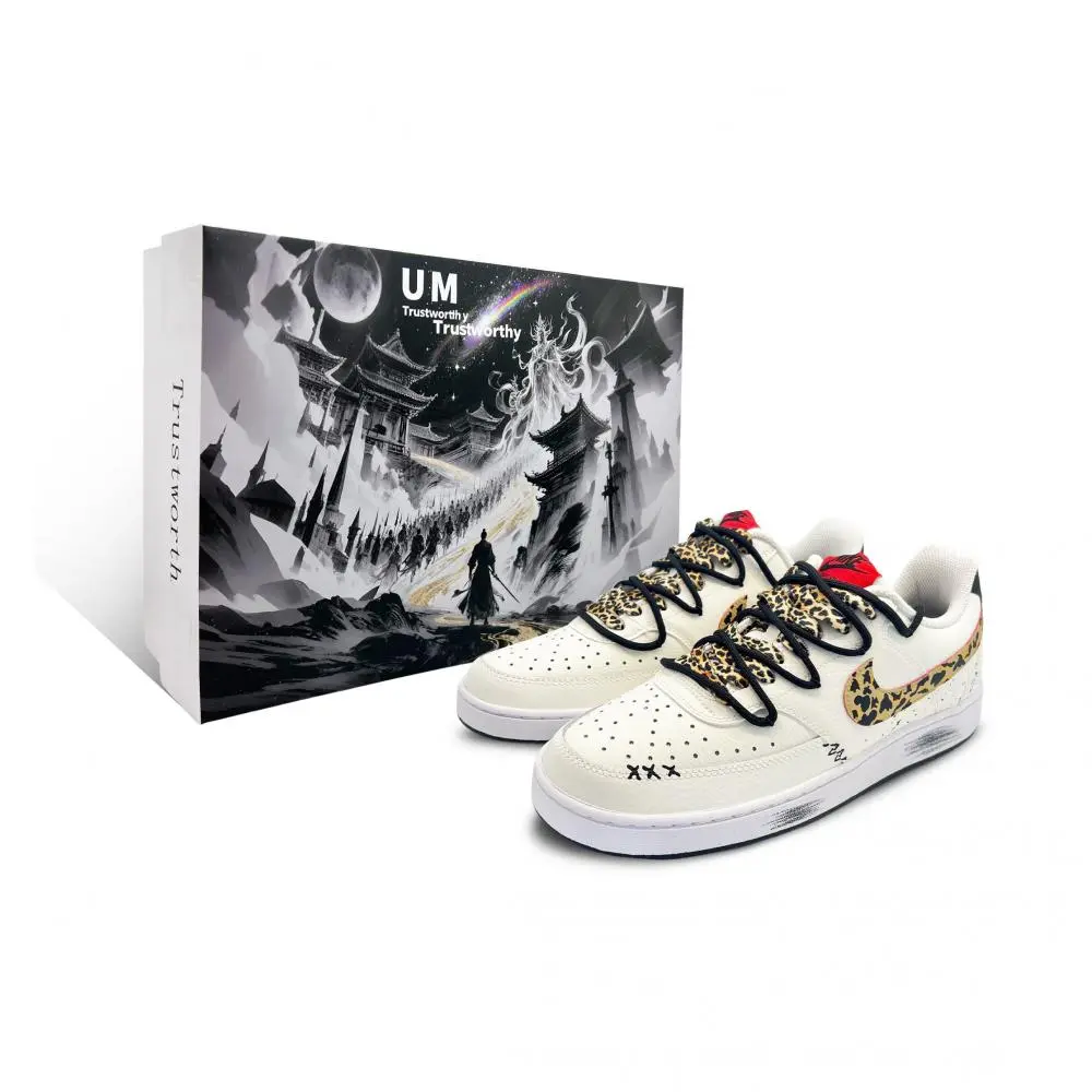 Nike Court Vision 1 Leopard Print Box Included Abrasion Resistant Low top Skateboard Shoes Men's White Brown