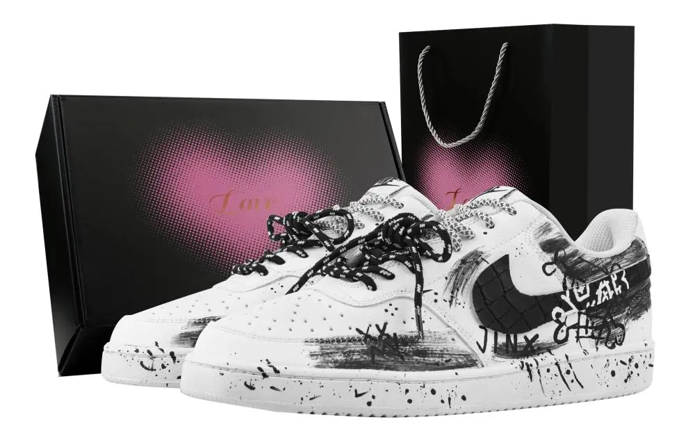 Nike Court Vision 1 Skeleton, Heart Box Abrasion Resistant Low top Skateboard Shoes Men's Black White