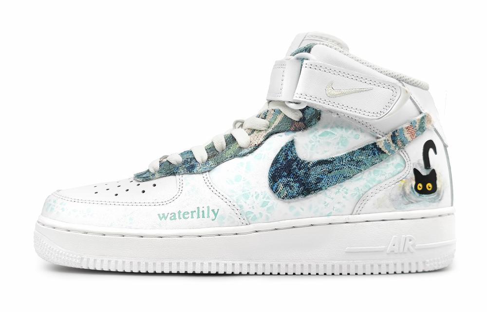 Nike Air Force 1 Anti-Slip Wear-Resistant Mid-Top Skateboard Shoes Women's White Cyan