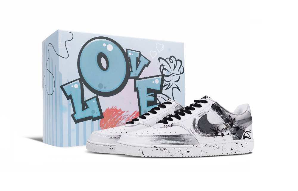 Nike Court Vision 1 Qinglian, Blue Box Anti Slip Wear Resistant Low Top Skateboard Shoes Men's Black White
