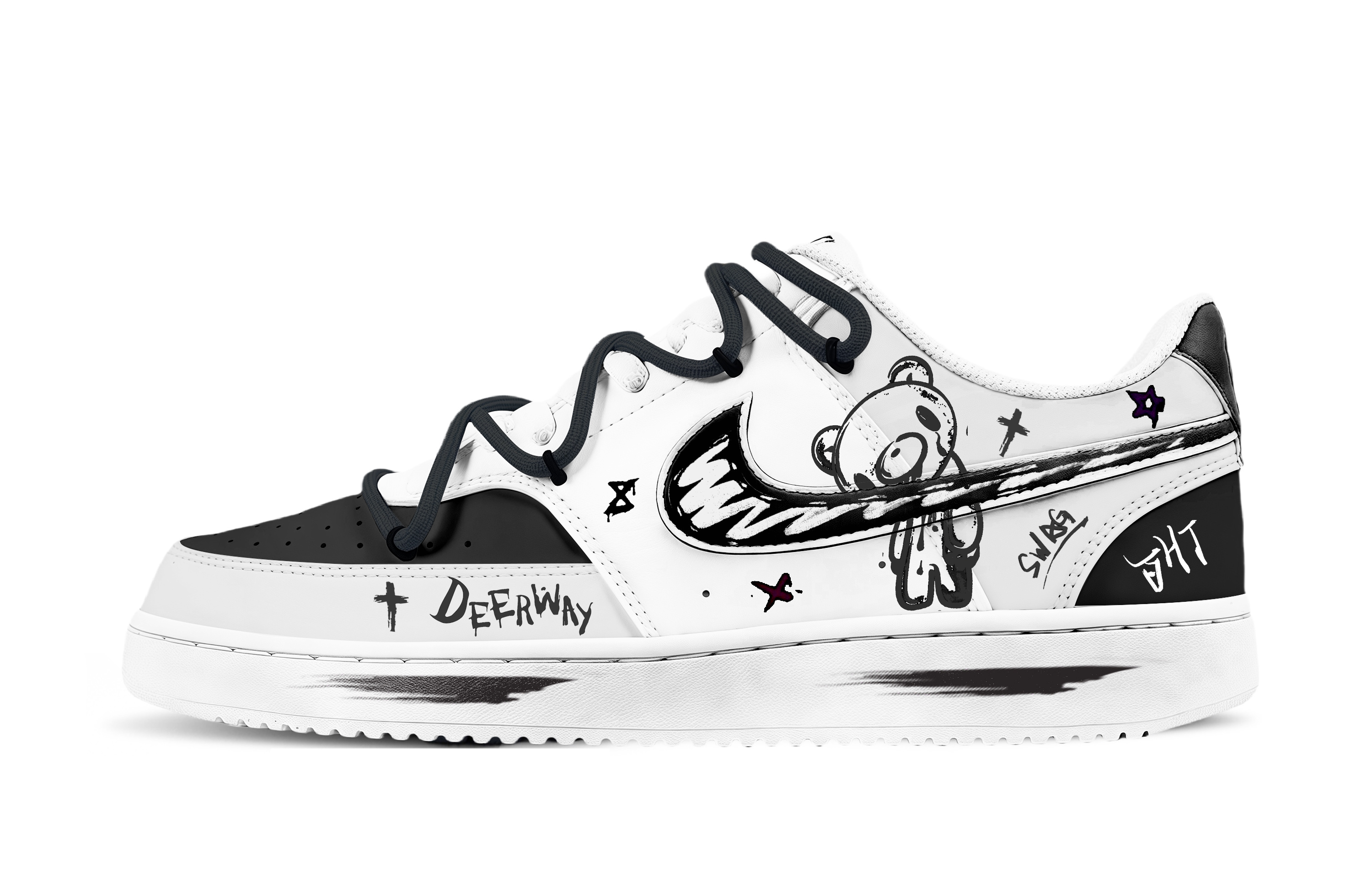 Nike Court Vision 1 Ink Wash Bear Abrasion Resistant Low top Skateboard Shoes Unisex Black White