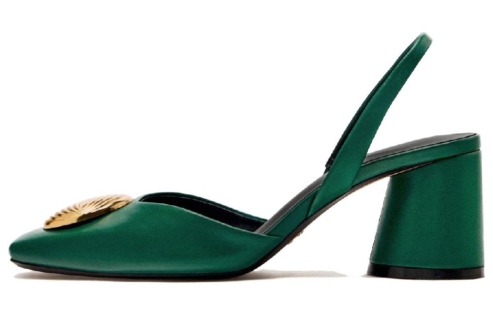 ZARA Chunky Heel High Heels 6cm Women's Green Gold
