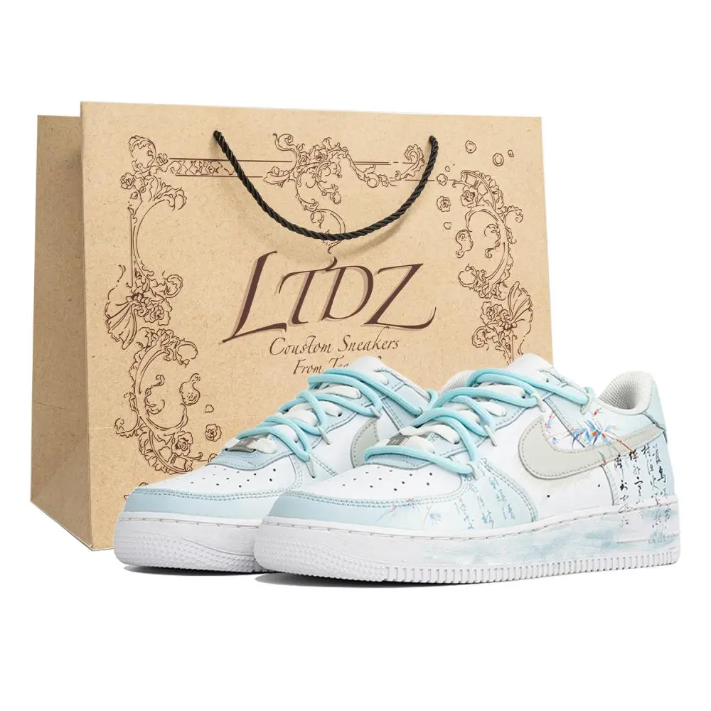 Nike Air Force 1 LTDZ White Feather, Shopping Bag Abrasion Resistant Low top Skateboard Shoes Unisex White Blue