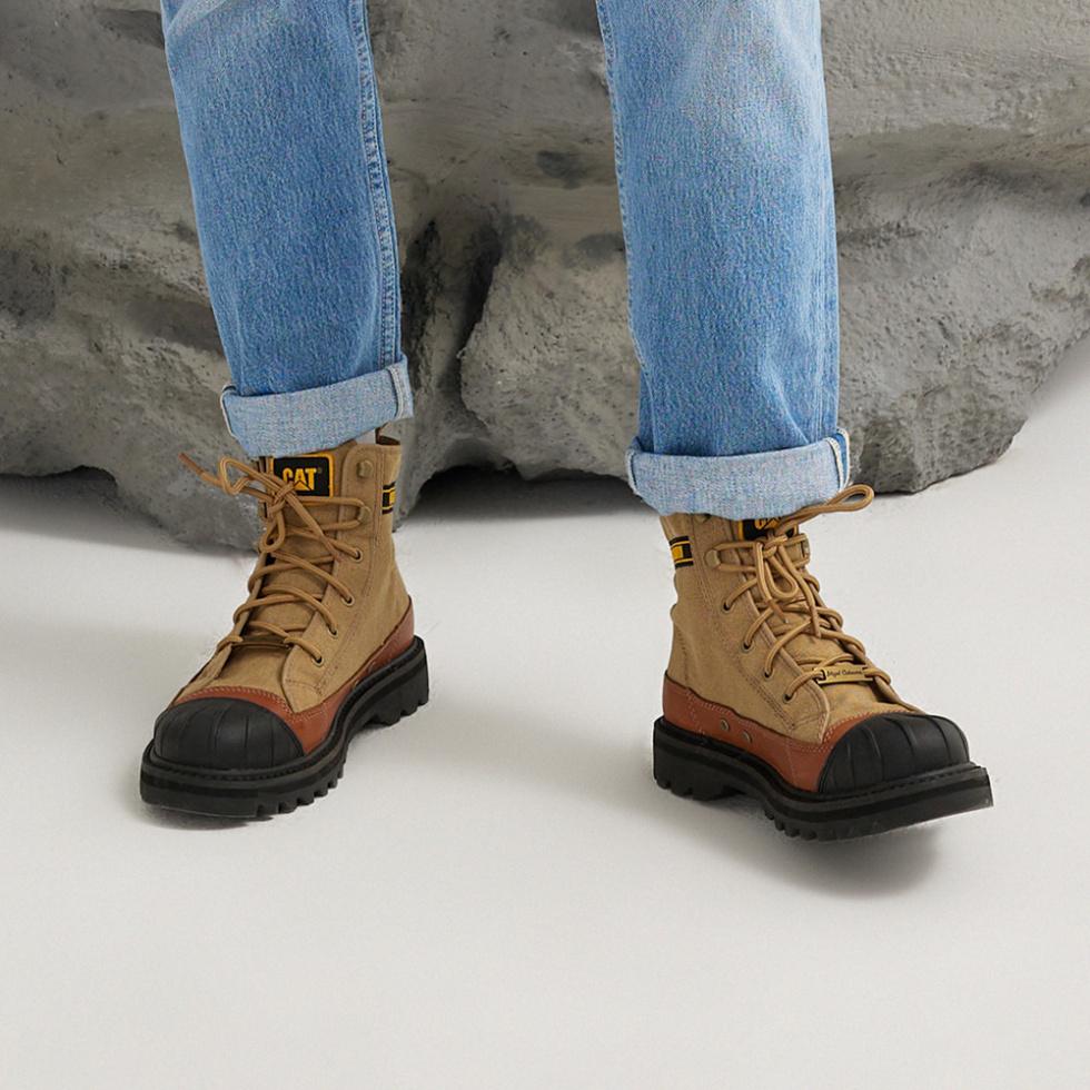NIGEL CABOURN x CAT Thermal Abrasion Resistant Height Increasing Short Outdoor Boots Unisex Brown Yellow купить в интернет-магазине Yoocart с быстрой доставкой по России.