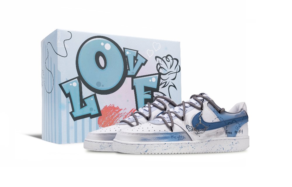 Nike Court Vision 1 Flight Azur Lane, Blue Love Anti Slip Wear Resistant Low Top Skateboard Shoes Men's Blue Gray