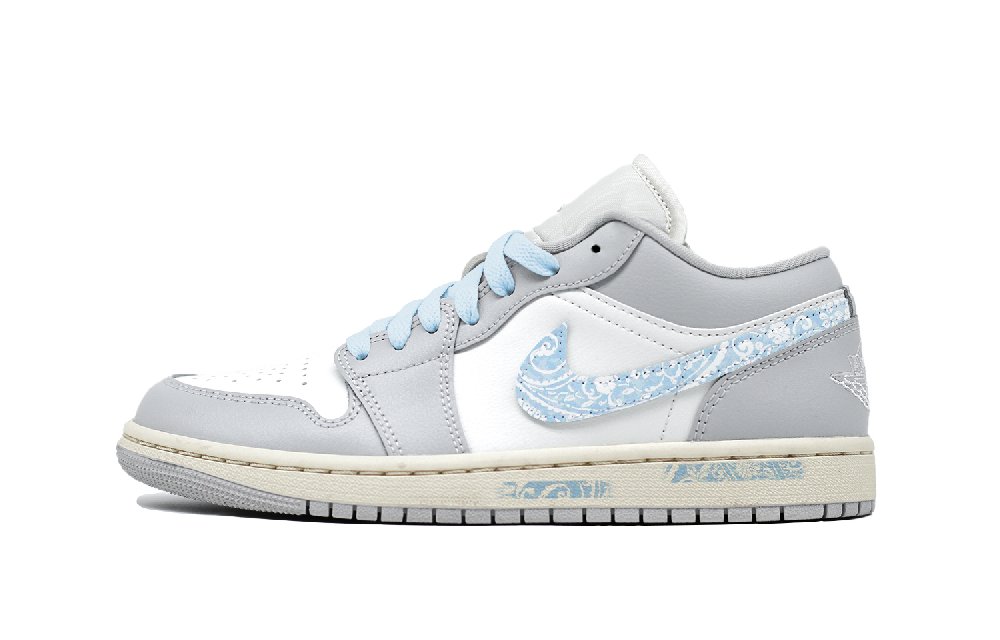 Jordan Air Jordan 1 Blue Paisley Cushioning Slip Resistant Low Top Vintage Basketball Shoes Women's Gray White Blue