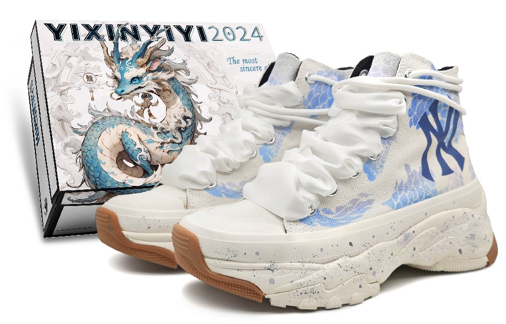 MLB Chunky High Anti-Slip Wear-Resistant High-Top Canvas Shoes Unisex White Cyan