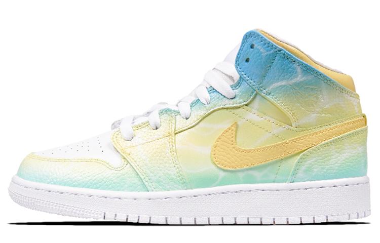 Jordan Air Jordan 1 Mid Top Basketball Shoes Unisex Yellow Blue