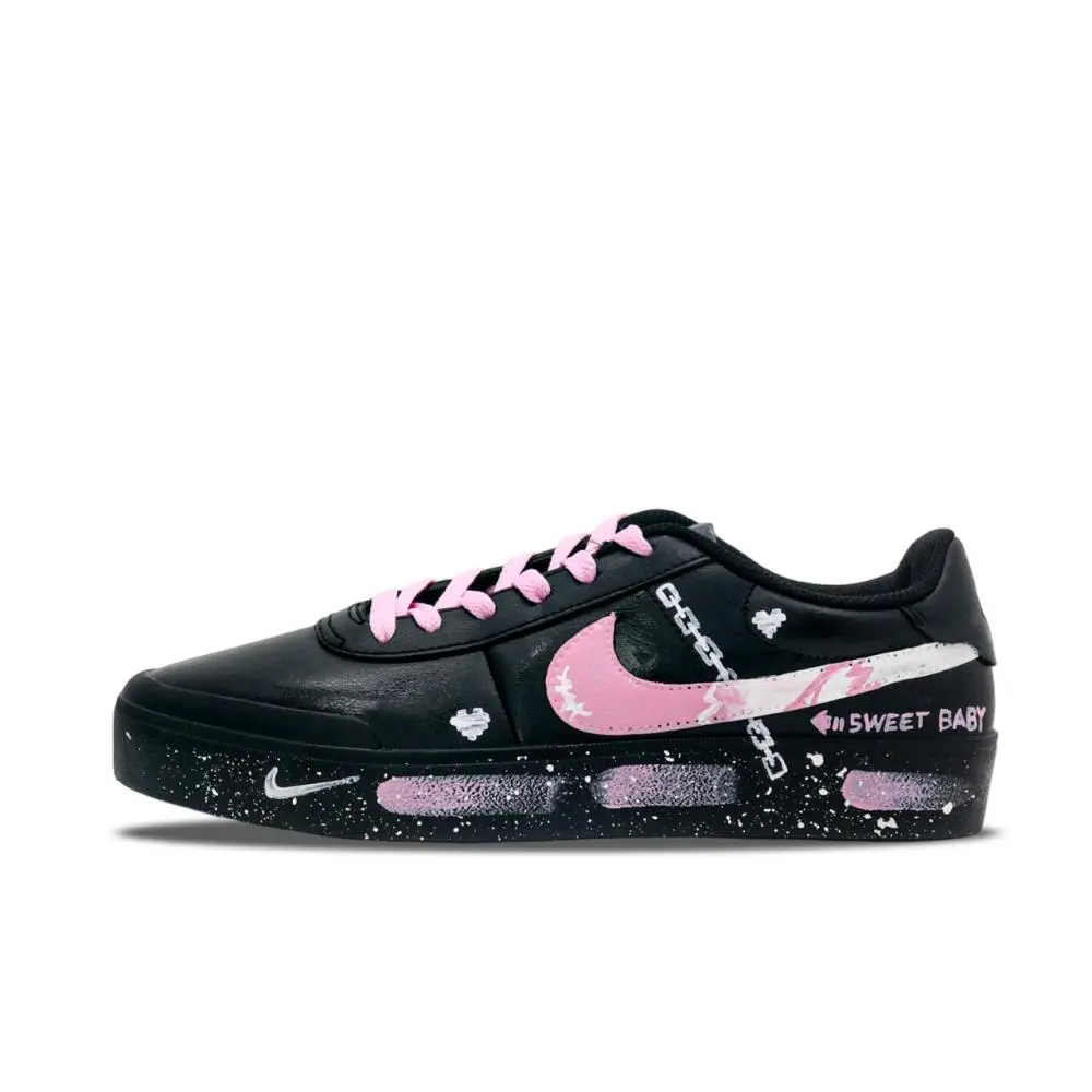 Nike Court Shot Pink Heart Chain Lock Cushioning Low top Skateboard Shoes Men's Black White Pink