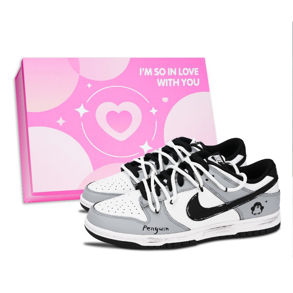 Nike Dunk Black White, Penguin Abrasion Resistant Low Top Skateboard Shoes Unisex Gray White