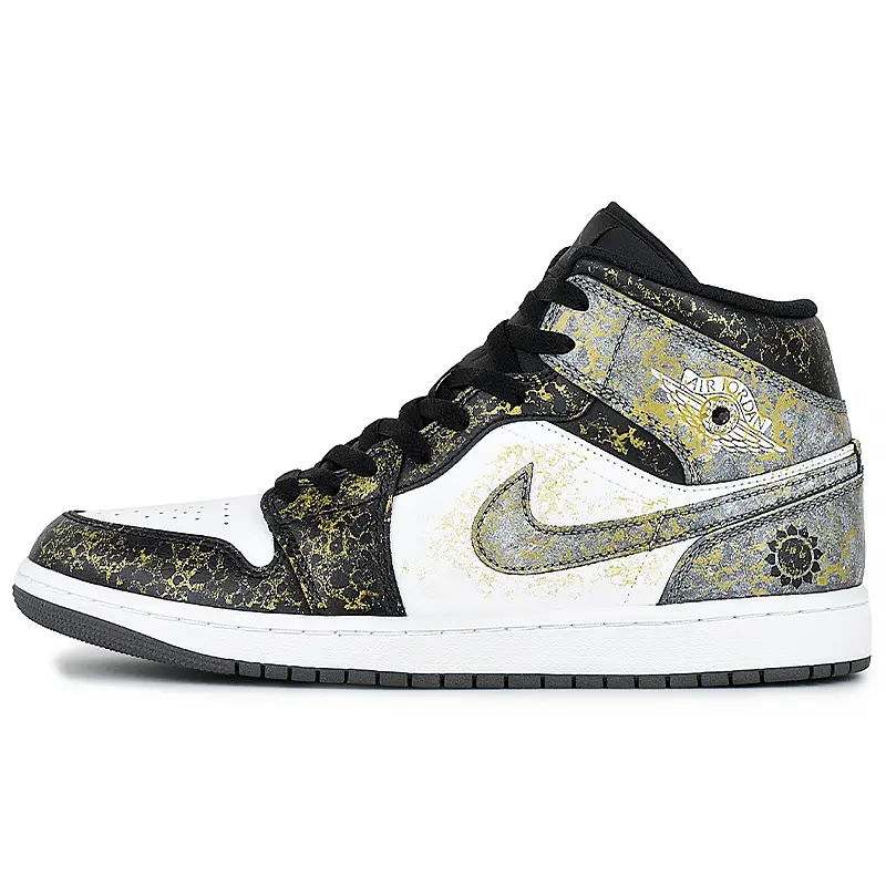 Jordan Air Jordan 1 Wear resistant And Lightweight Mid Top Vintage Basketball Shoes Men's Black White Gray
