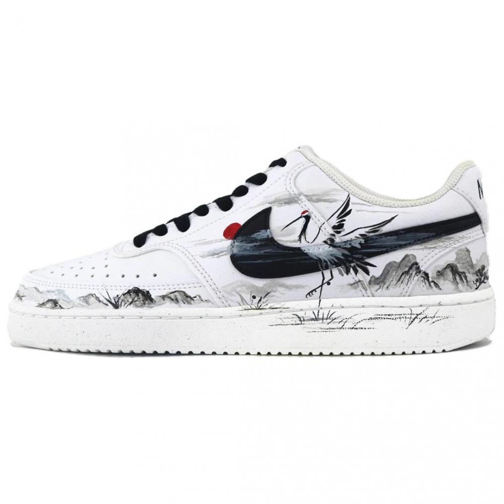 Nike Court Vision 1 Thousand Year Crane Returns Slip Resistant Low Top Skateboard Shoes Men's White Black