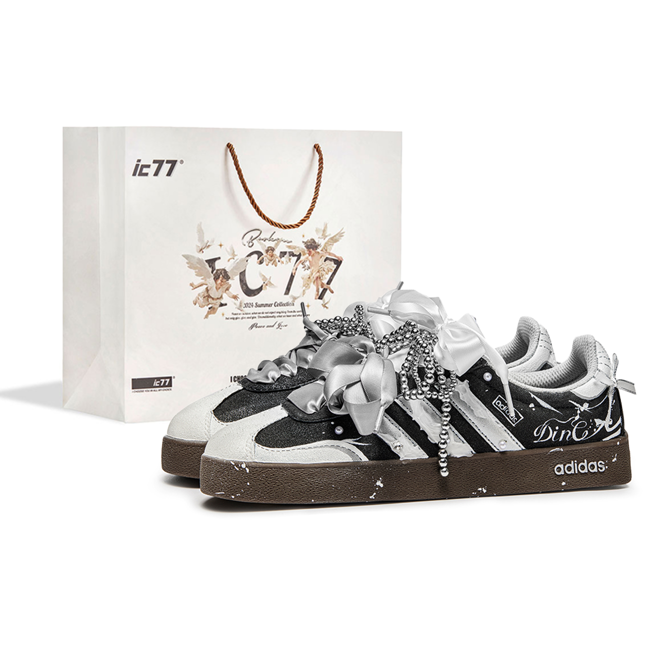 Adidas VL COURT 2.0 IC77 Shopping Bag, Moonlight Galaxy Abrasion Resistant Low top Skateboard Shoes Unisex Black White