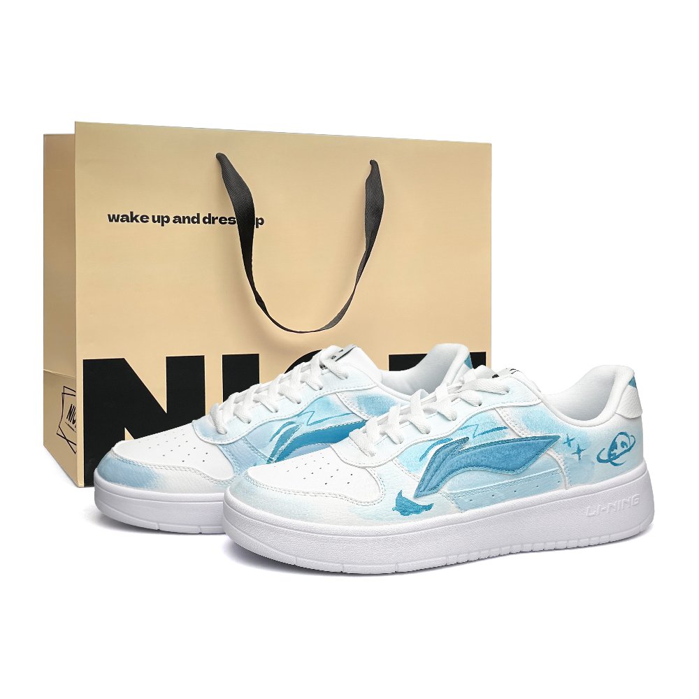 LiNing Pontoon Boats Anti Slip Wear Resistant Low Top Skateboard Shoes Unisex White Blue