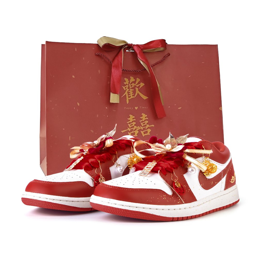 Jordan Air Jordan 1 Bead Love Anti Slip Wear Resistant Low Top Vintage Basketball Shoes Men's White Red