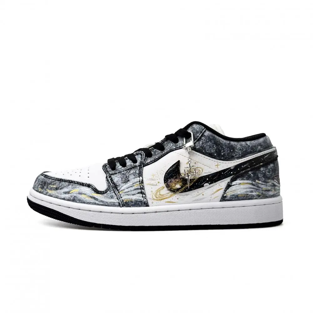 Jordan Air Jordan 1 Starry Sea Wander Abrasion Resistant Low top Skateboard Shoes Unisex Black White Gold