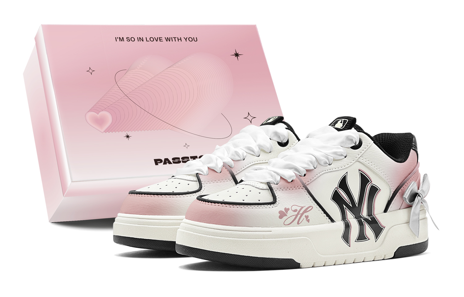 MLB Chunky Liner Romantic, Pink Love, Bowknot, Sweet Girl Outfit Low top Skateboard Shoes Unisex Pink Silver