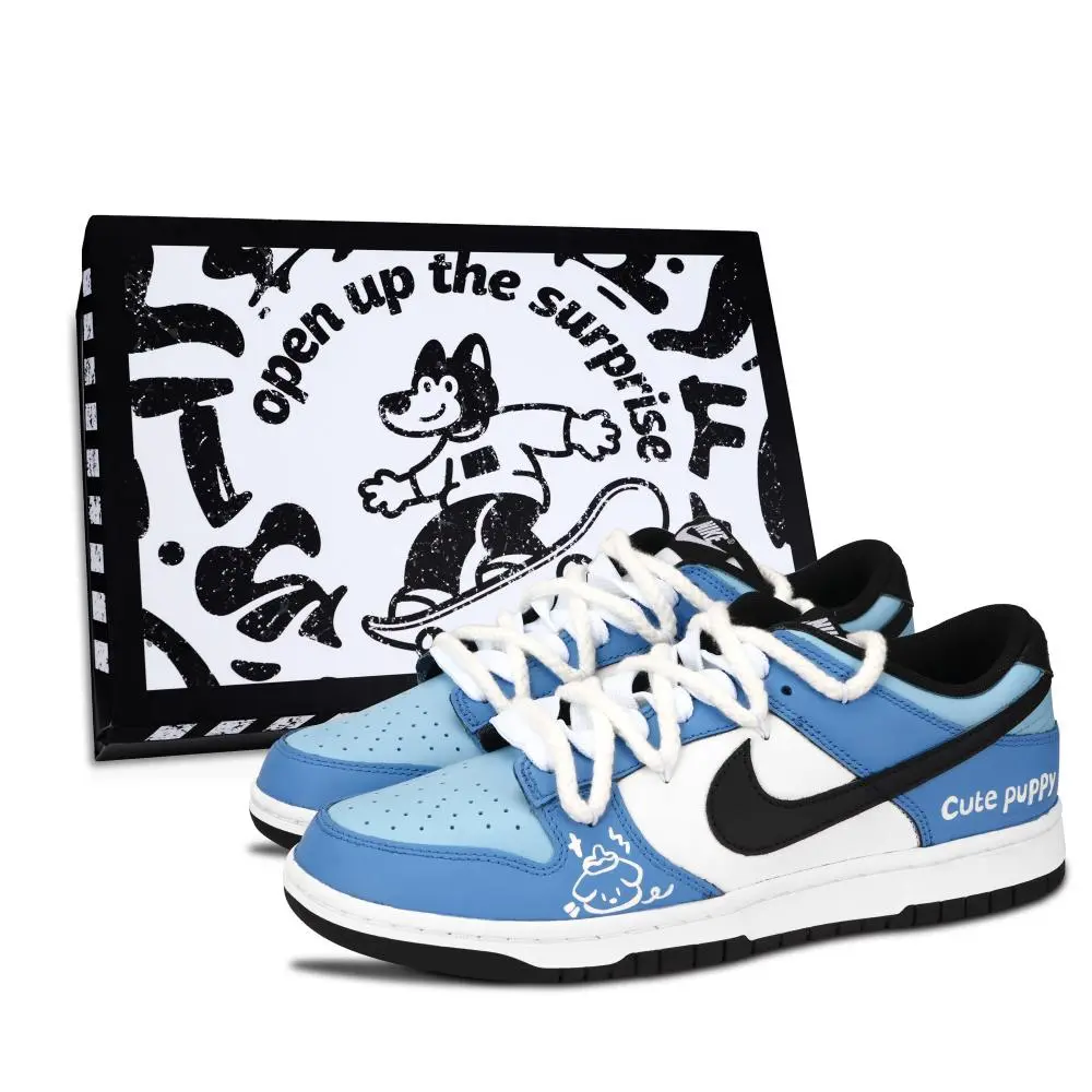 Nike Dunk Black White, Cute Puppy Abrasion Resistant Low top Skateboard Shoes Unisex Blue White