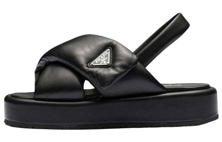 PRADA Soft Padded 35mm Wedge Sandals Black Nappa Leather Women's