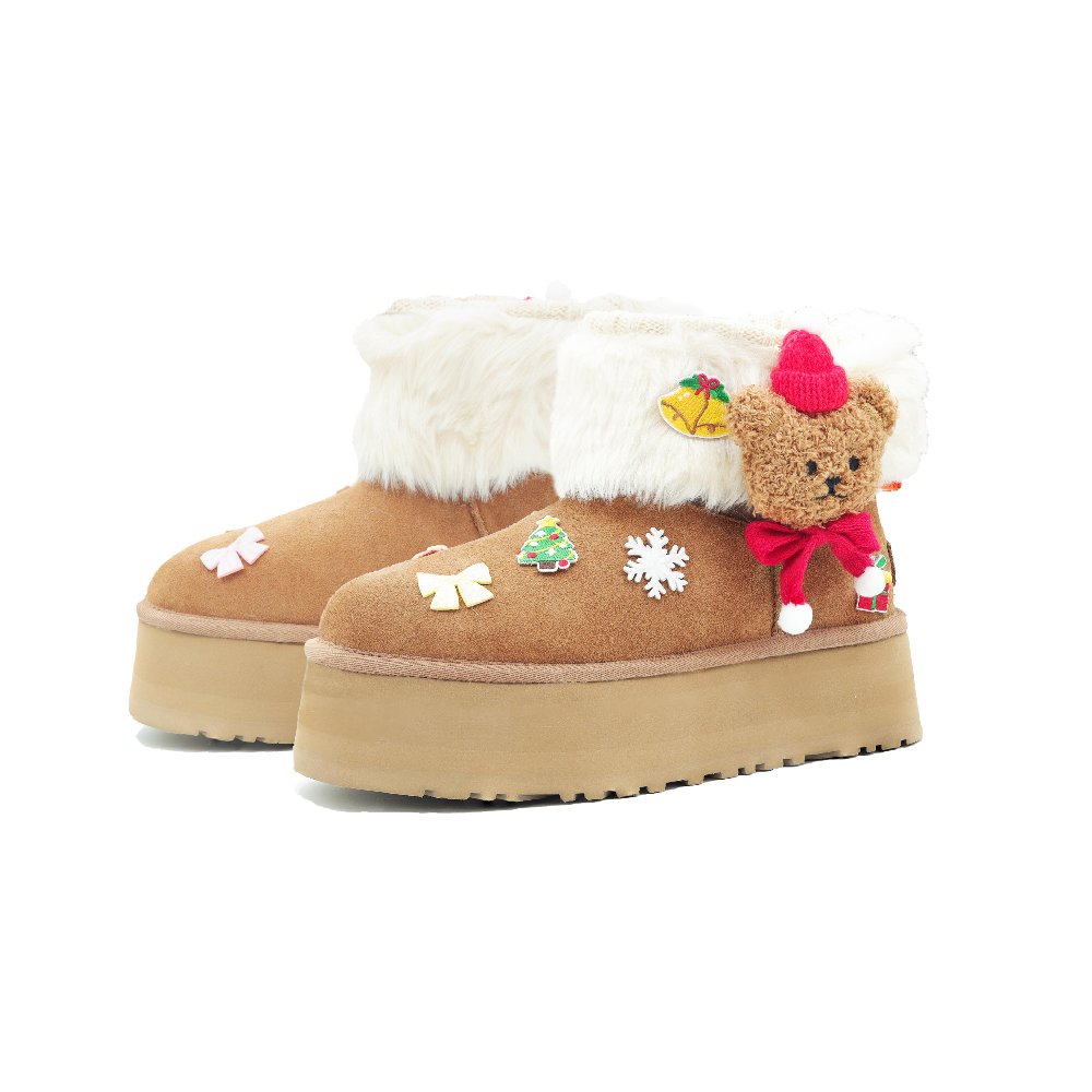 UGG Christmas Bear New Year Box Warm Short Snow Boots Women's Beige Brown