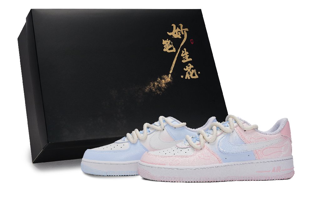 Nike Air Force 1 Magic Brush Blooms, Pink Blue Bubbles Low Top Skateboard Shoes Unisex White Pink Blue