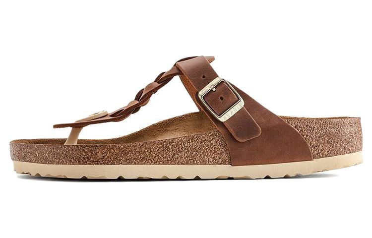 Birkenstock Gizeh Braided Waxy Leather Narrow Fit Sandals 'Cognac' Women's
