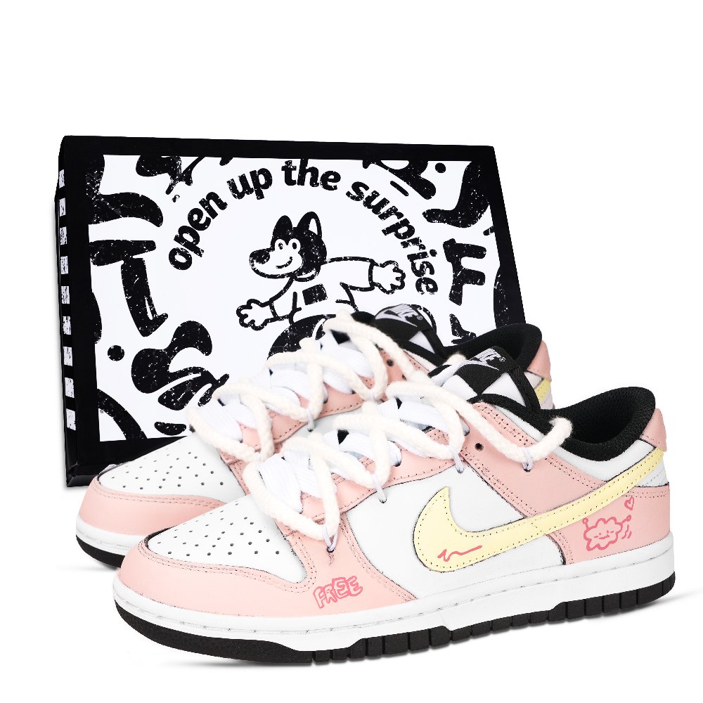 Nike Dunk Black White, Pink Cloud Abrasion Resistant Low Top Skateboard Shoes Unisex Pink Yellow White