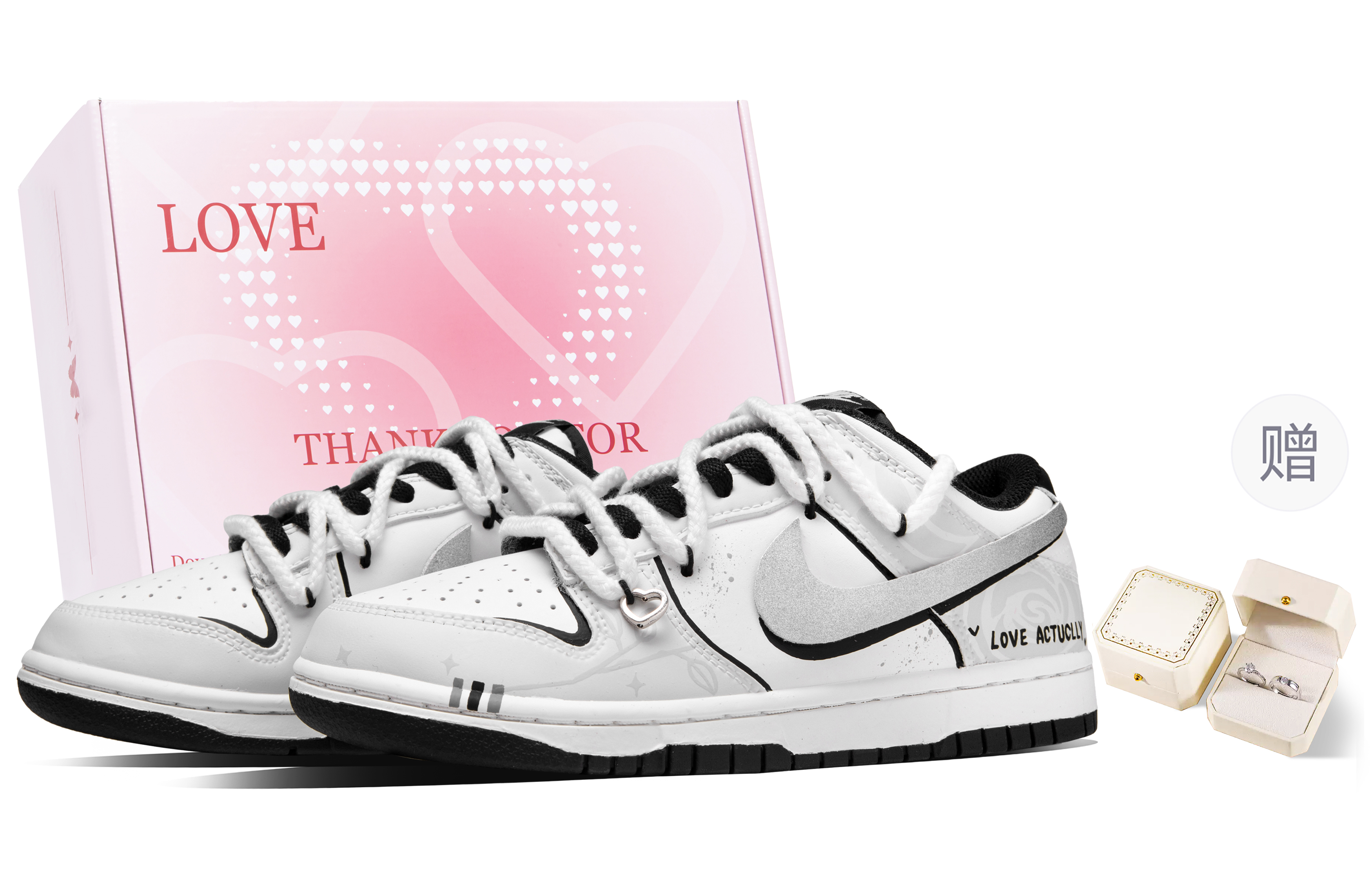 Nike Dunk Simple Love Box Abrasion Resistant Low top Skateboard Shoes Unisex White Silver