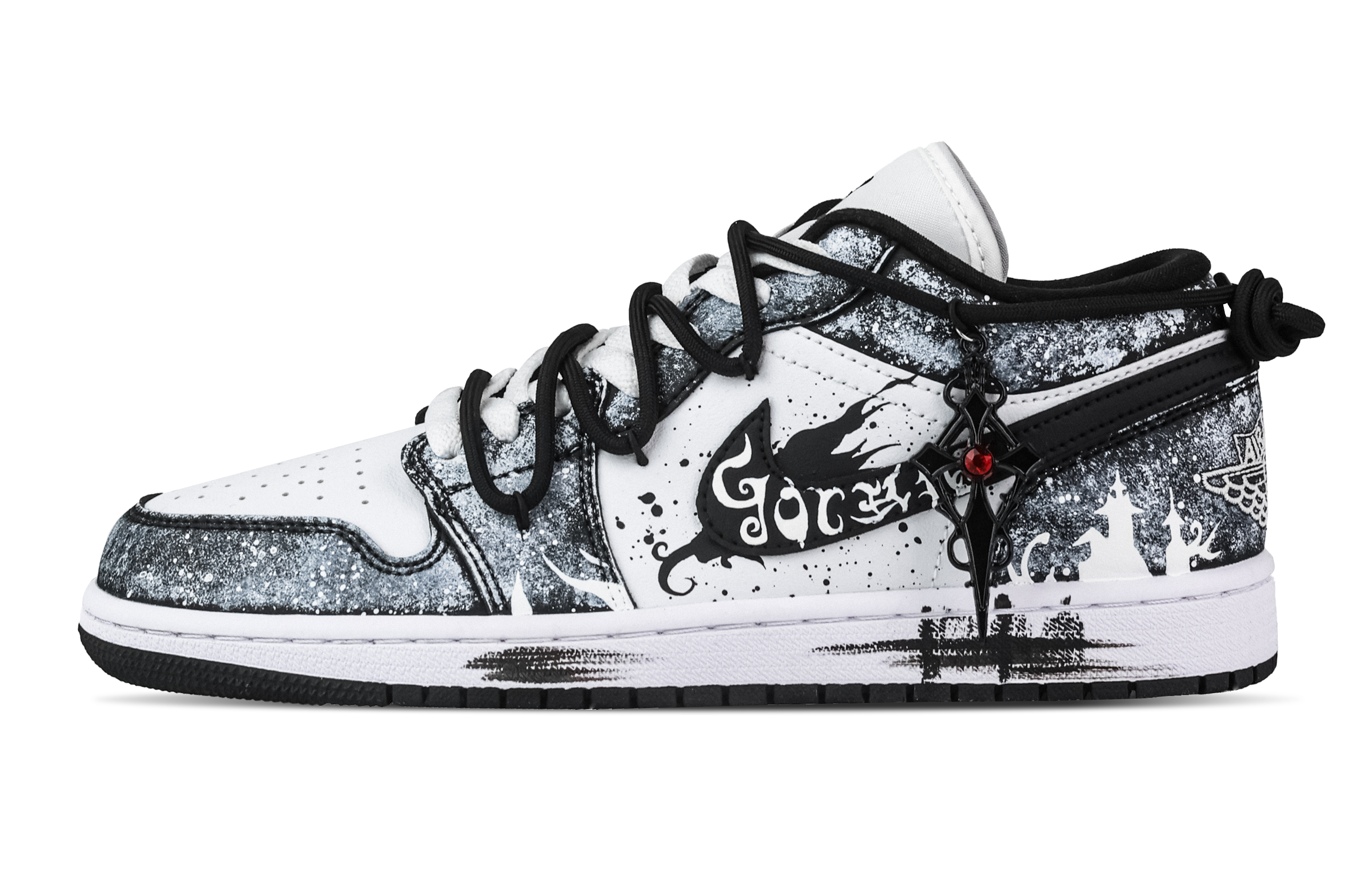 Jordan Air Jordan 1 Ghost Castle, Heart Box Low top Vintage Basketball Shoes Unisex Black White