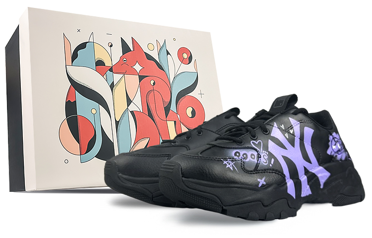 MLB Big Ball Chunky Wear-Resistant Height Increasing Low-Top Chunky Sneakers Unisex Black Purple