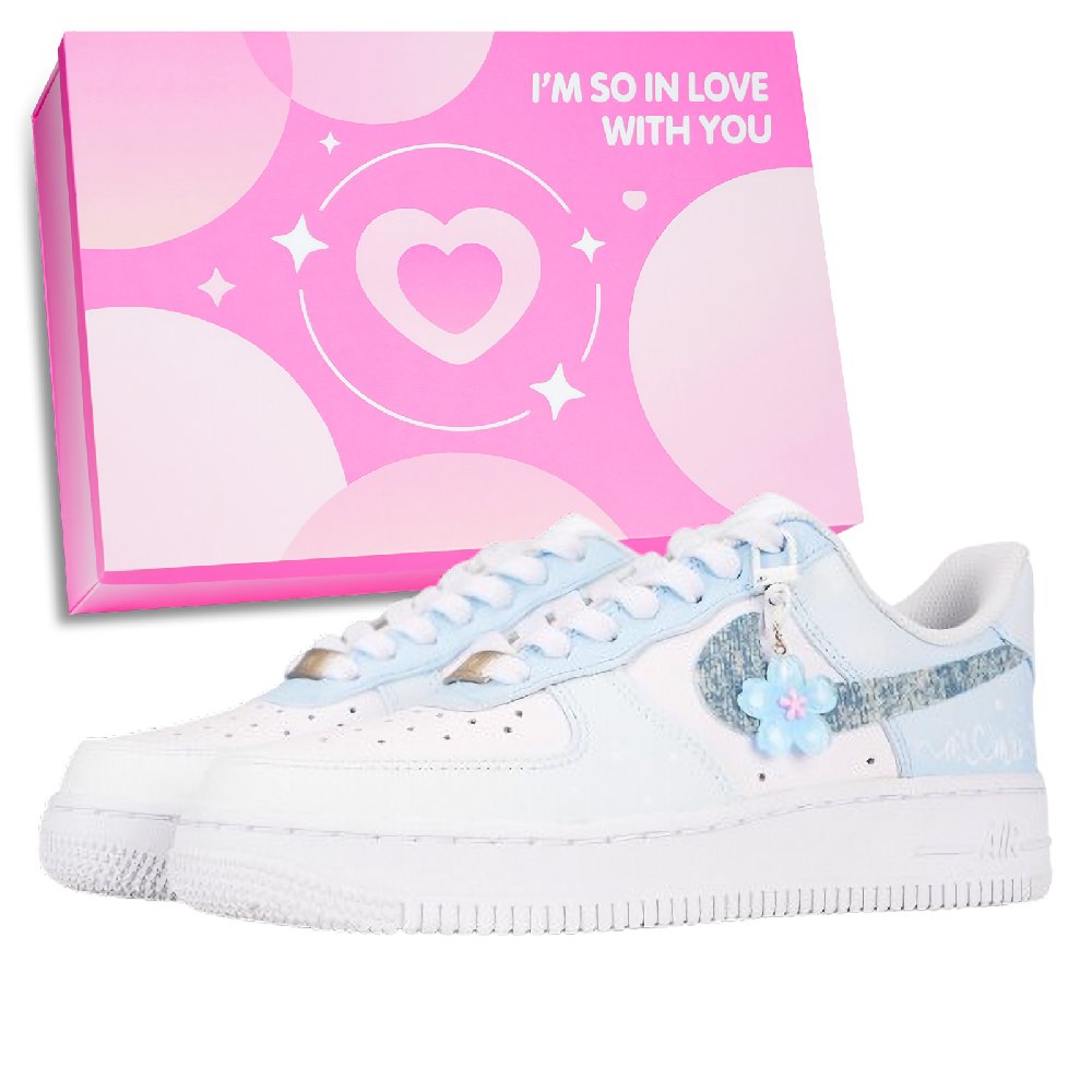 Nike Air Force 1 Small Flower Love Slip Resistant Balance Low Top Skateboard Shoes Unisex Light Blue