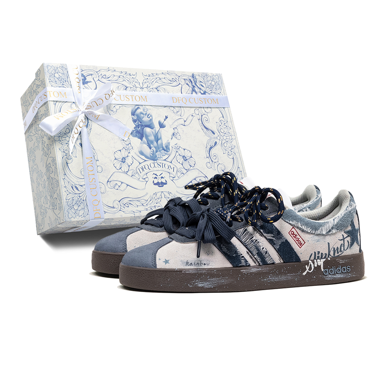 Adidas VL COURT 2.0 Da Vinci, Box, Star Tide Cushioning Low top Skateboard Shoes Unisex Blue Gray