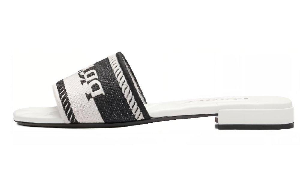 PRADA Logo Embroidered Sandals White Black Cotton